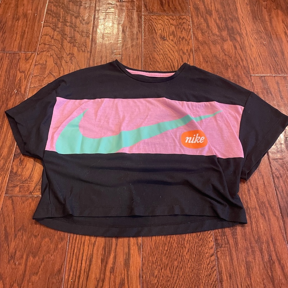 Nike Black and Pink Cropped T-Shirt